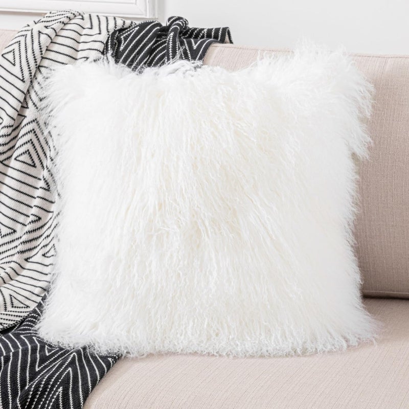 yingda1992 Mongolian Lamb Fur Throw Pillow Cover (16'' x 16'', White) Real Fur Decorative Cushion Cover Pillow Case for Living Room Bedroom - Image 2